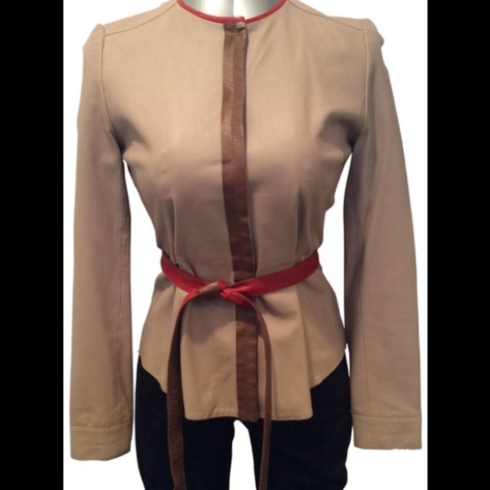 Elie Tahari Leather Belted Jacket